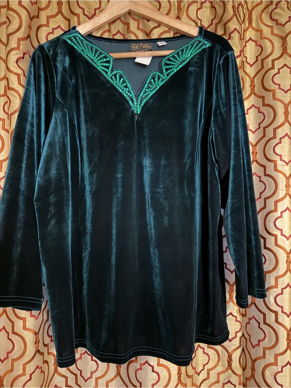 Bob Mackie Dark Teal Velvet Blouse with Green Beaded V-Neck